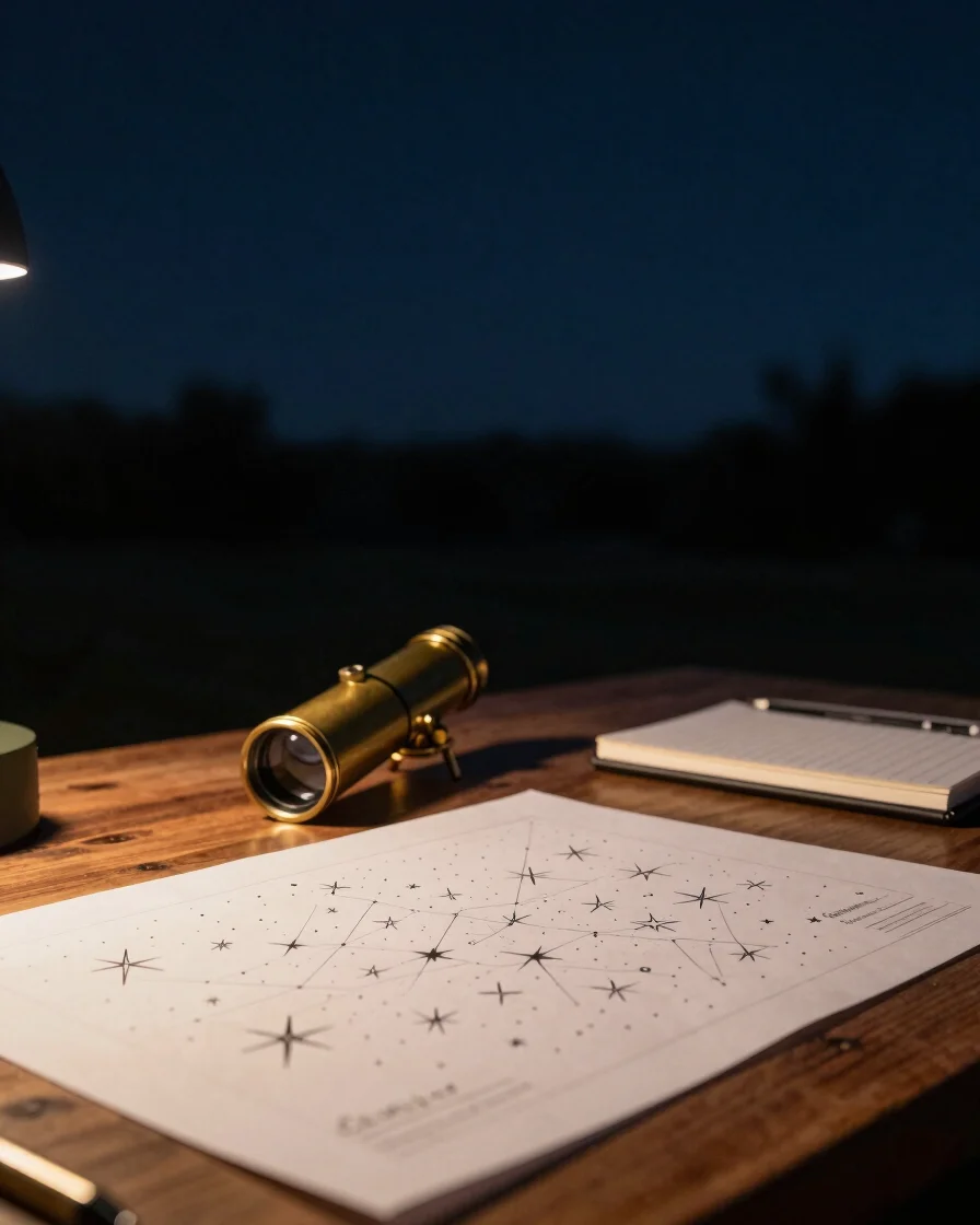 Quiet editorial workspace at night, a desk with a printed star ch