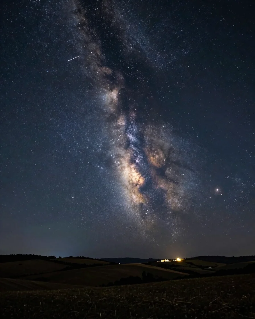 Wide night-sky landscape over a quiet French countryside, a faint