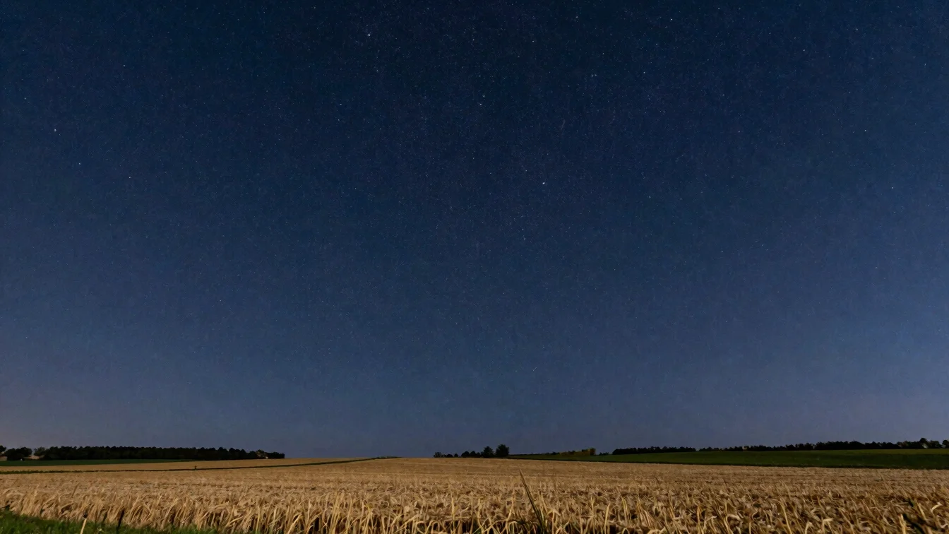 Wide night sky over a quiet French countryside in spring, the Big Dipper low on the horizon, natural darkness, midnight