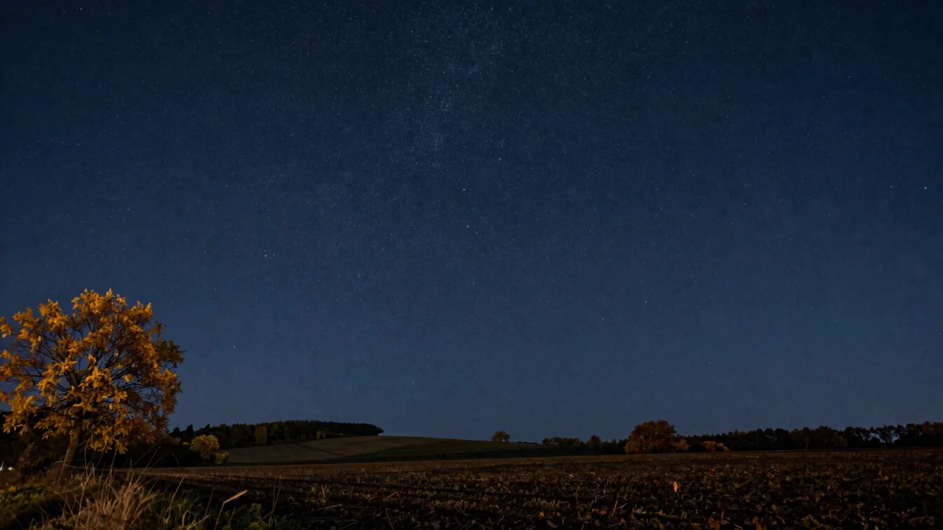 Autumn night sky with the Great Square of Pegasus overhead, quiet rural French landscape, natural darkness, midnight blu
