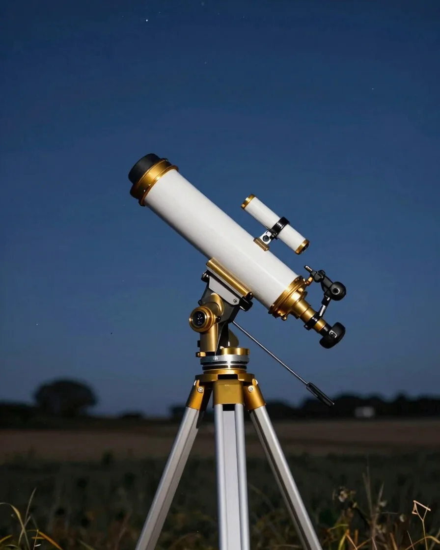 Clear telescope and mount on a tripod under a dark rural sky in France, natural daylight on the equipment, deep midnight