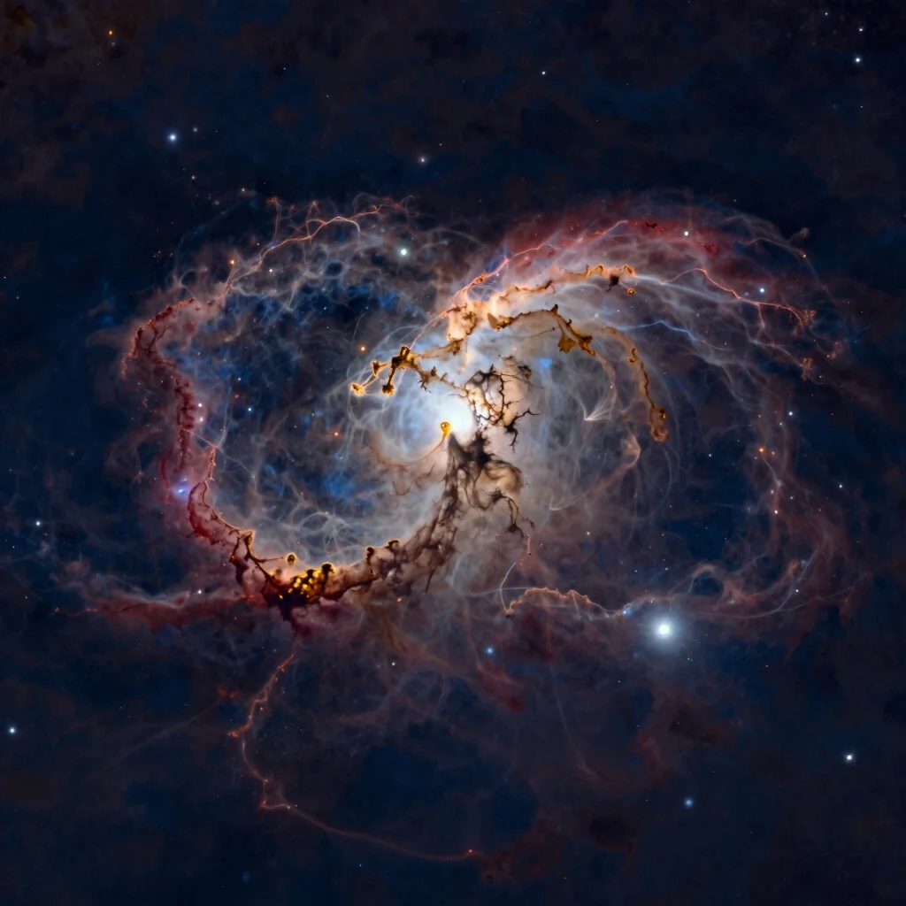 Astronomy photograph of the Orion Nebula with reddish-gold emission and blue dust, telescopic framing, clear celestial d
