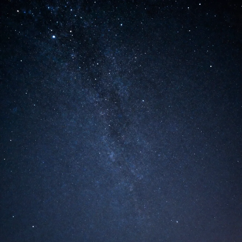 Wide star field photograph with dense stars and faint dust lanes, natural night-sky darkness, midnight blue, restrained