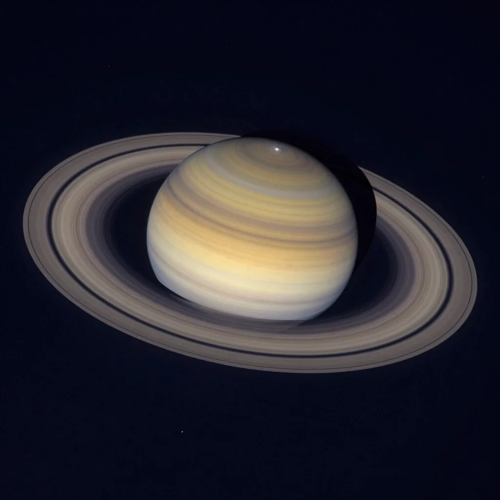Telescopic photograph of Saturn with its rings, clear focused close-up, natural colour, midnight blue background, amateu