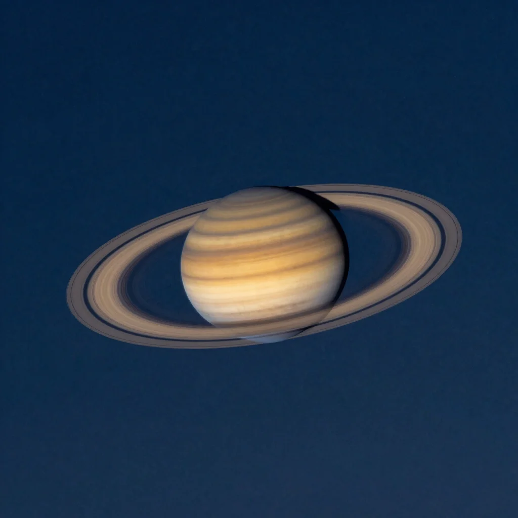 Astronomy photograph of Saturn and its rings, midnight blue sky, clear celestial detail, no text