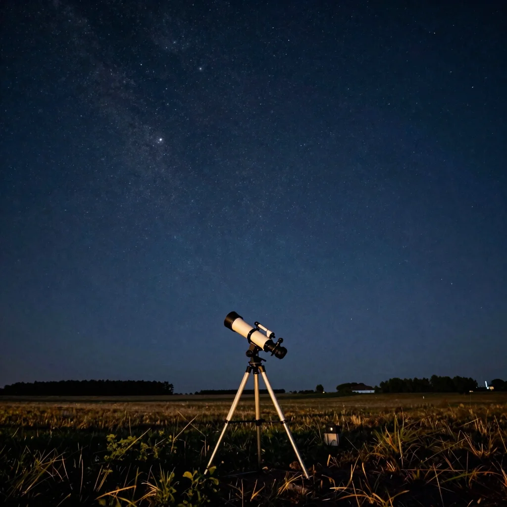 Wide environmental view of an amateur observer with a telescope under a dark rural French night sky, no text
