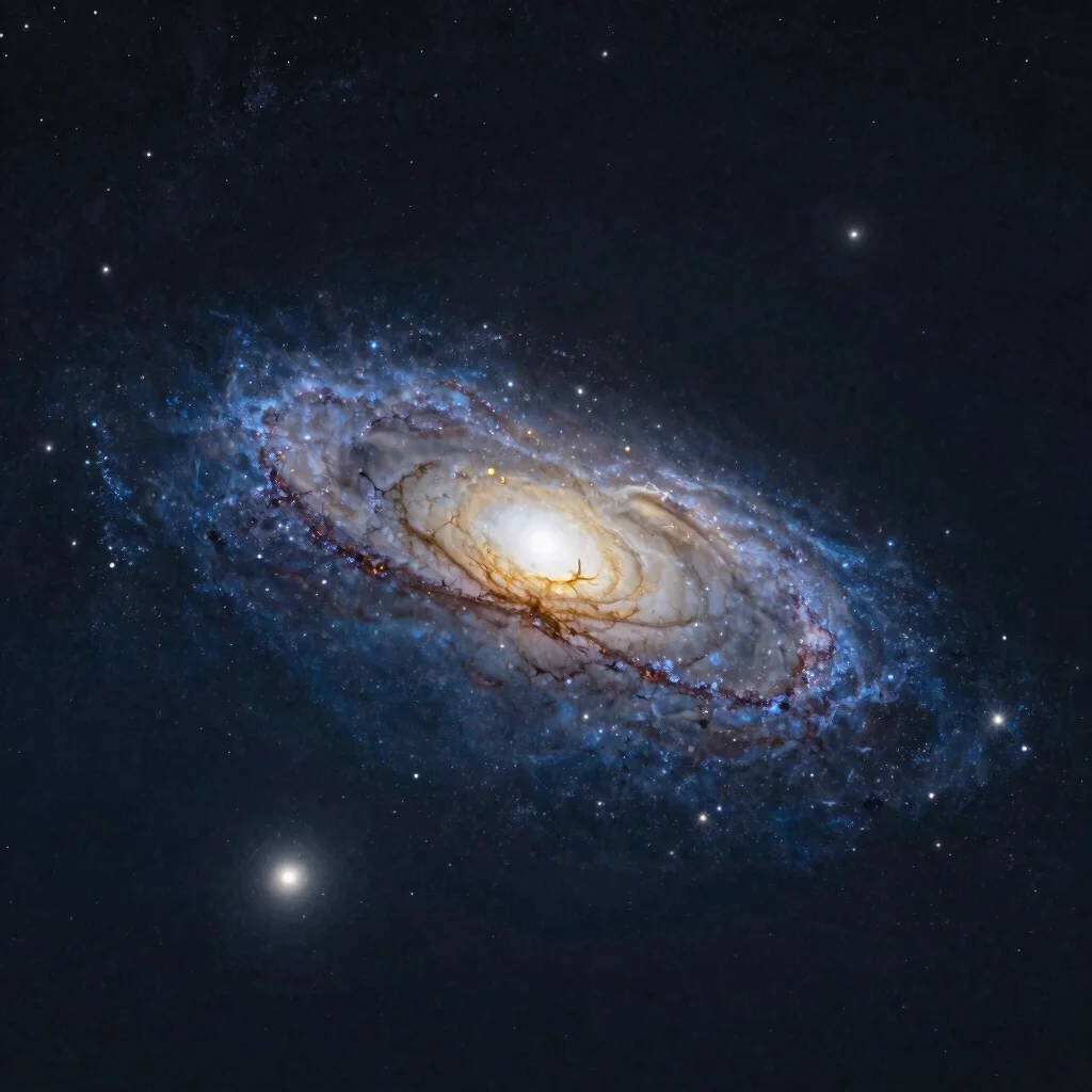 Astronomy photograph of the Andromeda Galaxy in deep midnight blue, telescopic close-up with restrained gold highlights
