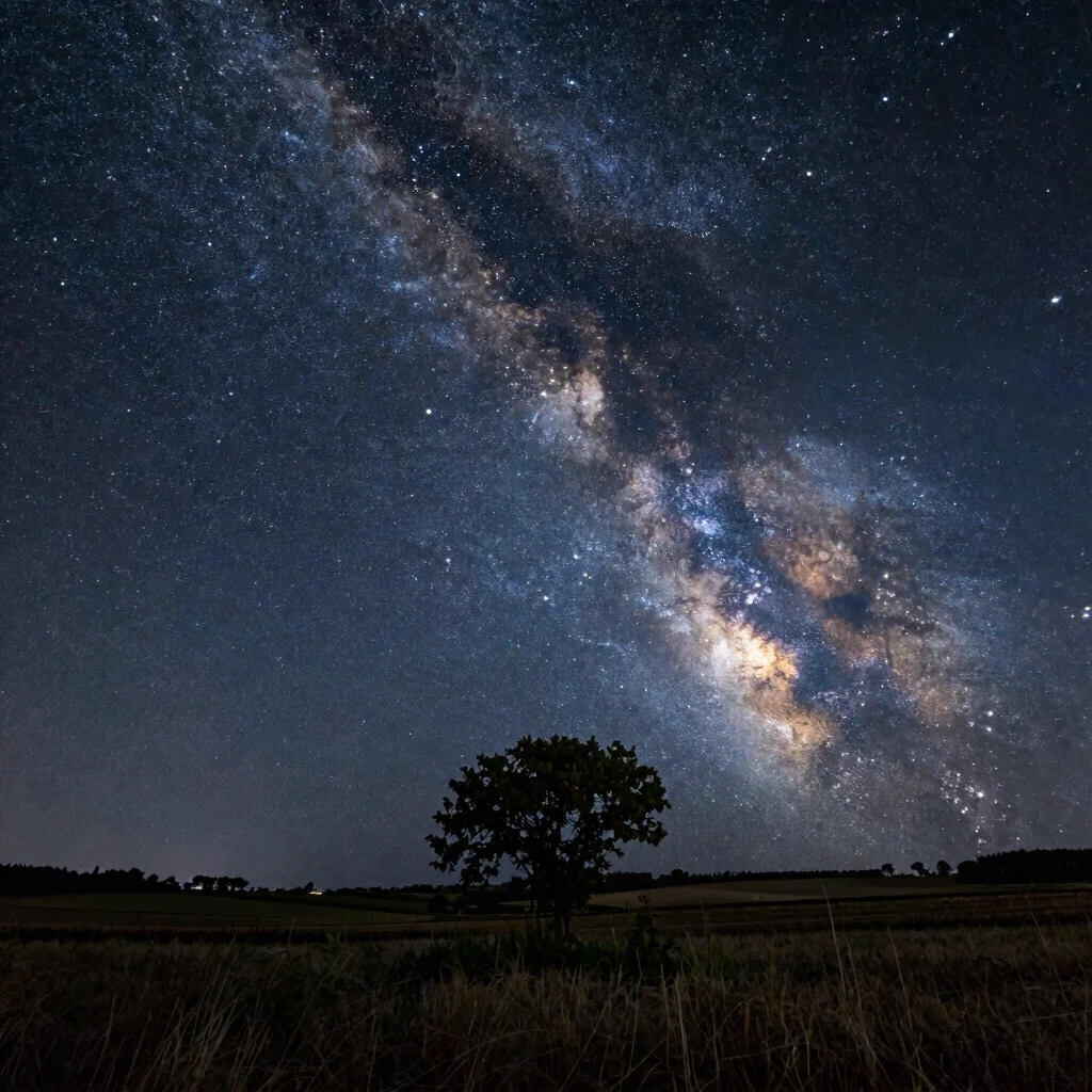 Wide-field photograph of the Milky Way over a rural French landscape, natural night-sky darkness, midnight blue, vegetat