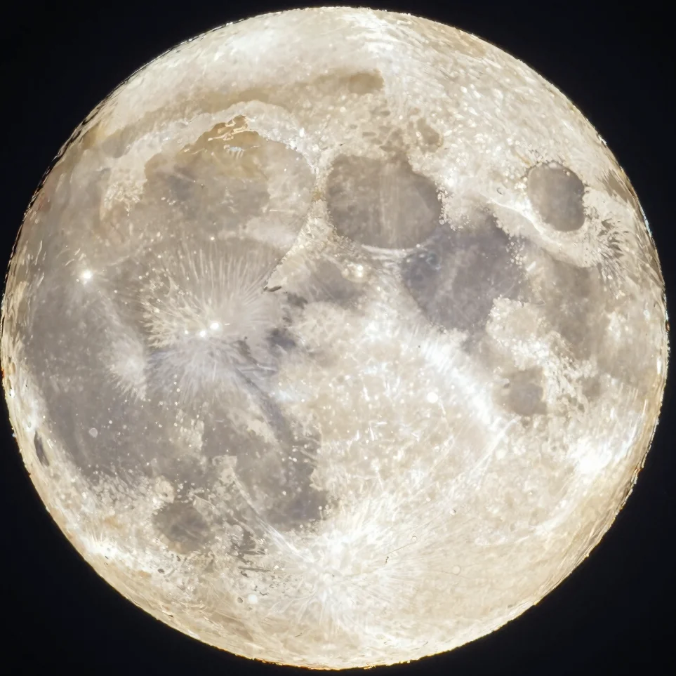 Telescopic photograph of the Moon's surface showing craters along the terminator, sharp detail, white and gold tones, na